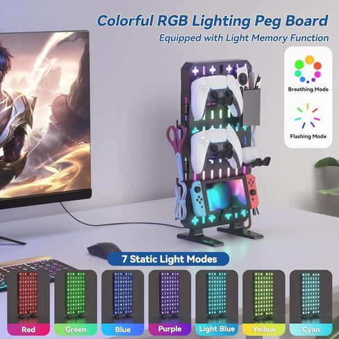 منظم Pegboard للمكتب من KDD RGB - ديكور مكتب ألعاب مدمج قائم بذاته مع وحدة تحكم وحامل سماعة الرأس، صندوق تخزين، خطافات، حامل هاتف - منظم سطح المكتب بدون حفر لملحقات ألعاب إعداد الكمبيوتر in Kuwait