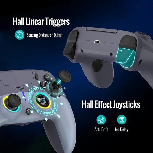 وحدة تحكم لاسلكية BETMI LED لجهاز PS-5/Pro/Slim/PC، مع عصا تحكم تأثير القاعة ومشغل/9 ألوان إضاءة RGB و4 أوضاع إضاءة/ماركو/جيرو 6 محاور/اهتزاز مزدوج/لوحة اللمس/مقبس صوت TRRS مقاس 3.5 مم (أزرق/رمادي) in Kuwait