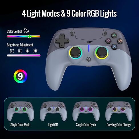 وحدة تحكم لاسلكية BETMI LED لجهاز PS-5/Pro/Slim/PC، مع عصا تحكم تأثير القاعة ومشغل/9 ألوان إضاءة RGB و4 أوضاع إضاءة/ماركو/جيرو 6 محاور/اهتزاز مزدوج/لوحة اللمس/مقبس صوت TRRS مقاس 3.5 مم (أزرق/رمادي) in Kuwait