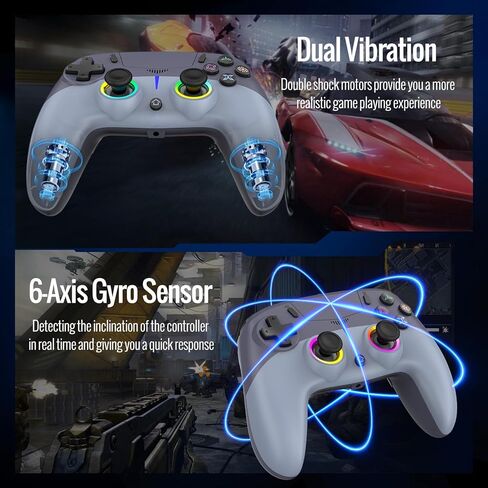 وحدة تحكم لاسلكية BETMI LED لجهاز PS-5/Pro/Slim/PC، مع عصا تحكم تأثير القاعة ومشغل/9 ألوان إضاءة RGB و4 أوضاع إضاءة/ماركو/جيرو 6 محاور/اهتزاز مزدوج/لوحة اللمس/مقبس صوت TRRS مقاس 3.5 مم (أزرق/رمادي) in Kuwait