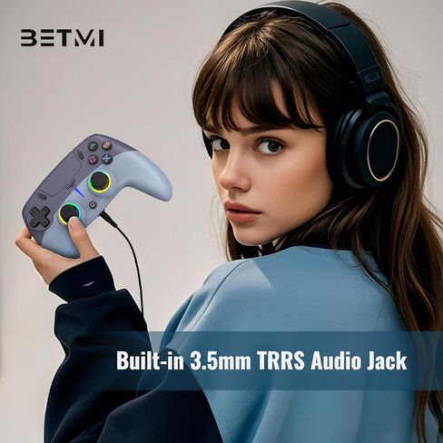 وحدة تحكم لاسلكية BETMI LED لجهاز PS-5/Pro/Slim/PC، مع عصا تحكم تأثير القاعة ومشغل/9 ألوان إضاءة RGB و4 أوضاع إضاءة/ماركو/جيرو 6 محاور/اهتزاز مزدوج/لوحة اللمس/مقبس صوت TRRS مقاس 3.5 مم (أزرق/رمادي) in Kuwait