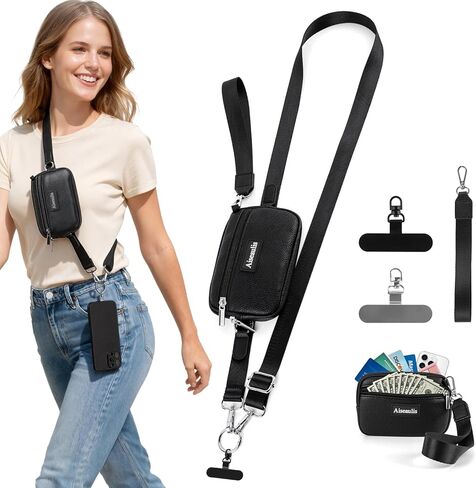 حزام Clip and Go للهاتف مع محفظة كروس، محفظة معصم RFID بسحاب قابلة للفصل، حبل هاتف قابل للتعديل وأشرطة معدنية رفيعة للغاية قابلة للدوران 360 درجة لجميع الهواتف الذكية in Kuwait