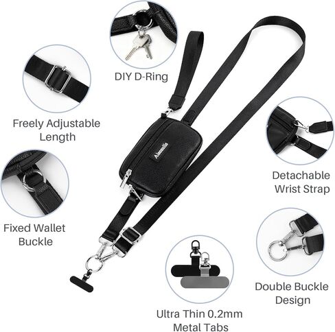 حزام Clip and Go للهاتف مع محفظة كروس، محفظة معصم RFID بسحاب قابلة للفصل، حبل هاتف قابل للتعديل وأشرطة معدنية رفيعة للغاية قابلة للدوران 360 درجة لجميع الهواتف الذكية in Kuwait
