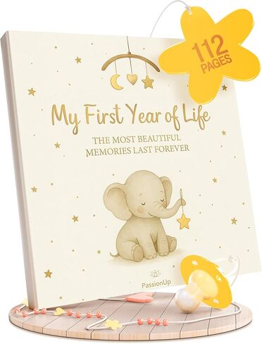كتاب ذكريات PassionUp® Baby للأولاد والبنات مع مساحة إضافية للصور المفضلة - تذكار كتاب الطفل للعام الأول مع أقسام ذات طابع خاص وشهري - 8x8 بوصة - هدية رائعة للآباء ومواليدهم الجدد in Kuwait