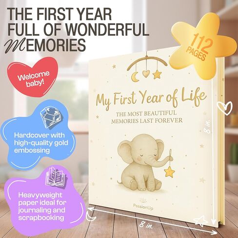 كتاب ذكريات PassionUp® Baby للأولاد والبنات مع مساحة إضافية للصور المفضلة - تذكار كتاب الطفل للعام الأول مع أقسام ذات طابع خاص وشهري - 8x8 بوصة - هدية رائعة للآباء ومواليدهم الجدد in Kuwait