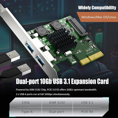 GLOTRENDS U3142A 2-Port 10Gb USB 3.1 Gen2 Type-A to PCIE X4 Expansion Card with ASM 3142 Chip, Regular and Low-profible Bracket in Saudi Arabia
