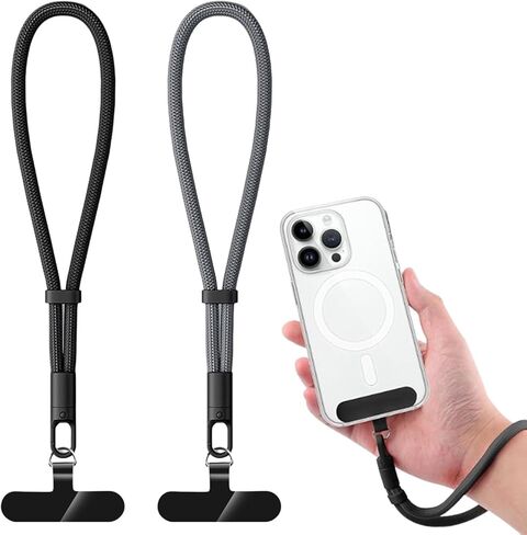 2 حزمة من حبل الهاتف - 2 حزام معصم لليد، 2 شريط حبل، حبال رقعة متعددة الوظائف للهاتف الخلوي العالمي مضادة للسرقة، حزام يد للهاتف الخلوي (أسود + رمادي) in Kuwait