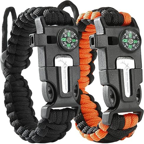 ELK Paracord Survival Bracelets - 2 Pack, Adjustable Size, Loud Whistle, Fire Starter - Ideal for Outdoor Enthusiasts, Hiking, Camping, Fishing, and Hunting (Black and Black+Orange) in Saudi Arabia