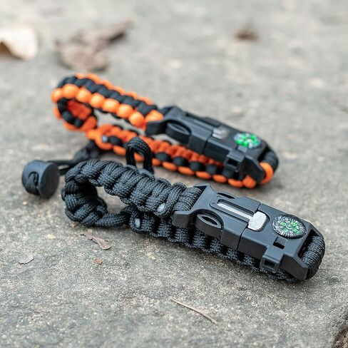 ELK Paracord Survival Bracelets - 2 Pack, Adjustable Size, Loud Whistle, Fire Starter - Ideal for Outdoor Enthusiasts, Hiking, Camping, Fishing, and Hunting (Black and Black+Orange) in Saudi Arabia