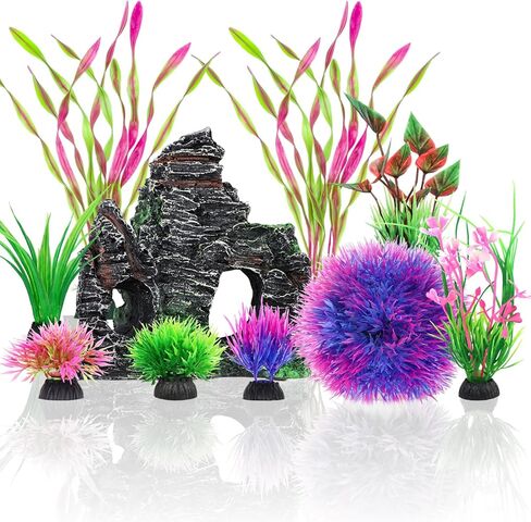 Fish Tank Accessories Aquarium Plants, 10pcs Colorful Fish Bowl Ornaments Plants and Rock Cave Decor Set, Aquarium Decor in Saudi Arabia