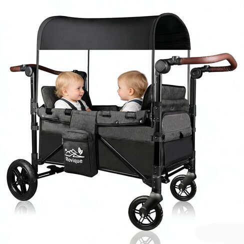 Wagon Stroller for 2 Kids, All-Terrain Stroller Wagon with Extra Long Extender, Aluminum Foldable Wagon with Convertible Seats, Removable Canopy, Snack Tray, Adjustable Push/Pull Handle in Saudi Arabia