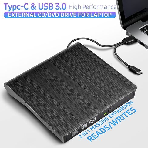 محرك أقراص USB Cd/DVD خارجي للكمبيوتر المحمول متوافق على نطاق واسع ونحيف ومحمول عالي السرعة من النوع C وUSB 3.0 Cd/DVD محرك ناسخ أسود in Kuwait