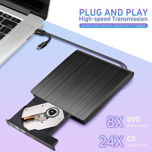 محرك أقراص USB Cd/DVD خارجي للكمبيوتر المحمول متوافق على نطاق واسع ونحيف ومحمول عالي السرعة من النوع C وUSB 3.0 Cd/DVD محرك ناسخ أسود in Kuwait
