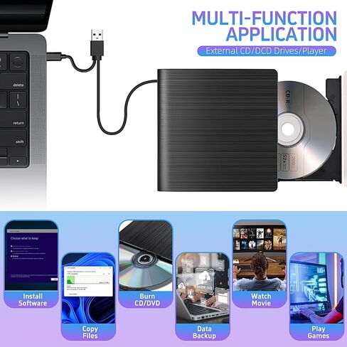 محرك أقراص USB Cd/DVD خارجي للكمبيوتر المحمول متوافق على نطاق واسع ونحيف ومحمول عالي السرعة من النوع C وUSB 3.0 Cd/DVD محرك ناسخ أسود in Kuwait
