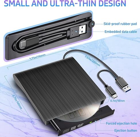 محرك أقراص USB Cd/DVD خارجي للكمبيوتر المحمول متوافق على نطاق واسع ونحيف ومحمول عالي السرعة من النوع C وUSB 3.0 Cd/DVD محرك ناسخ أسود in Kuwait