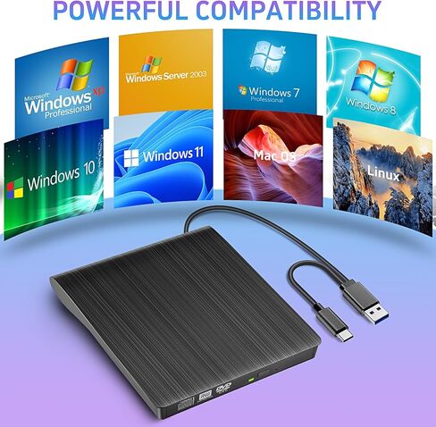 محرك أقراص USB Cd/DVD خارجي للكمبيوتر المحمول متوافق على نطاق واسع ونحيف ومحمول عالي السرعة من النوع C وUSB 3.0 Cd/DVD محرك ناسخ أسود in Kuwait
