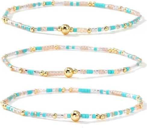 Gold Beaded Bracelets Stack for Women, 3PCS Colorful Bohemian Stackable Layered Adjustable Stretch Non-Tarnish Seed Beads Bracelet Set, Dainty Jewelry Fall Fashion Accessory Friendship Gift in Saudi Arabia