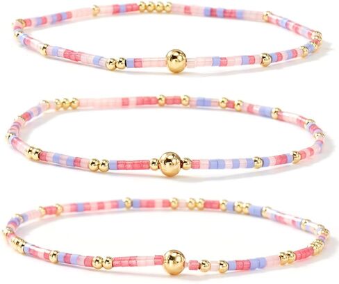 Gold Beaded Bracelets Stack for Women, 3PCS Colorful Bohemian Stackable Layered Adjustable Stretch Non-Tarnish Seed Beads Bracelet Set, Dainty Jewelry Fall Fashion Accessory Friendship Gift in Saudi Arabia