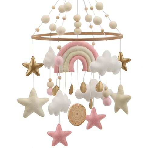 هاتف قوس قزح المحمول لسرير الأطفال - هاتف محمول بوهو قوس قزح باللونين الوردي والأبيض مع تفاصيل ذهبية in Kuwait