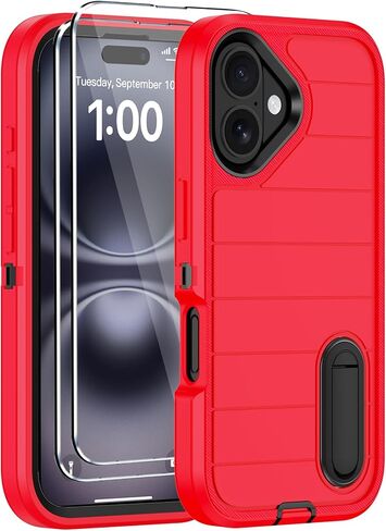 for iPhone 16 Plus Case with Screen Protector,Built-in Invisible Kickstand,Heavy Duty Shockproof Drop Protection Military Grade Tri-Layer Rugged Durable Cell Phone Cover for Apple 16 Plus Black Orange in Saudi Arabia