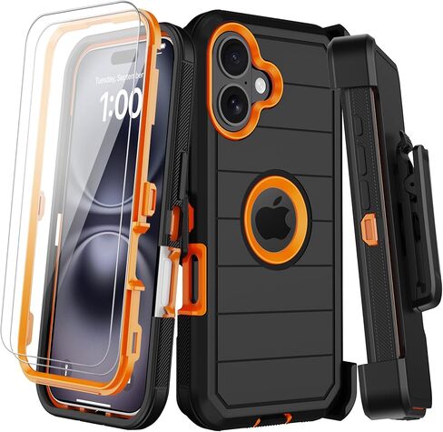 for iPhone 16 Plus Case with Screen Protector,Built-in Invisible Kickstand,Heavy Duty Shockproof Drop Protection Military Grade Tri-Layer Rugged Durable Cell Phone Cover for Apple 16 Plus Black Orange in Saudi Arabia