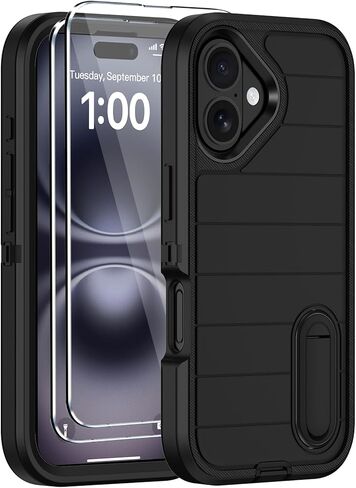 for iPhone 16 Plus Case with Screen Protector,Built-in Invisible Kickstand,Heavy Duty Shockproof Drop Protection Military Grade Tri-Layer Rugged Durable Cell Phone Cover for Apple 16 Plus Black Orange in Saudi Arabia