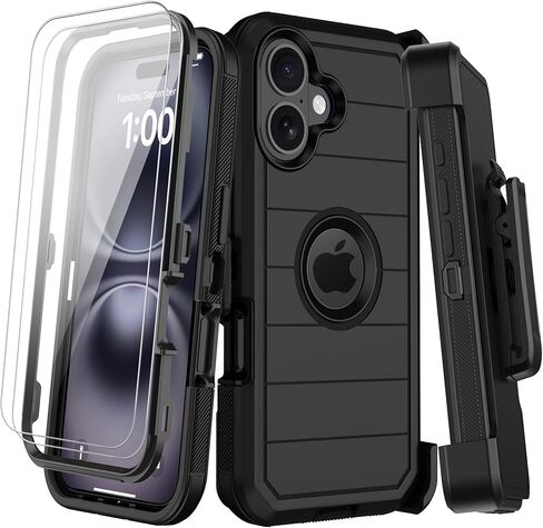 for iPhone 16 Plus Case with Screen Protector,Built-in Invisible Kickstand,Heavy Duty Shockproof Drop Protection Military Grade Tri-Layer Rugged Durable Cell Phone Cover for Apple 16 Plus Black Orange in Saudi Arabia