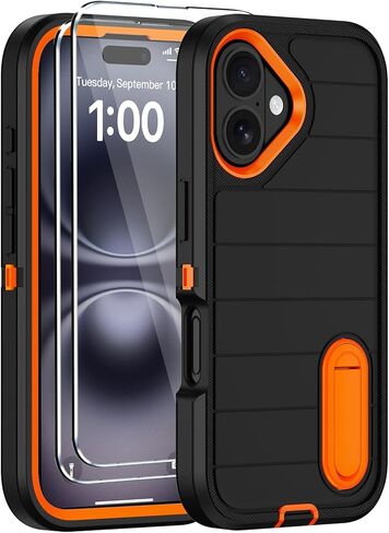 for iPhone 16 Plus Case with Screen Protector,Built-in Invisible Kickstand,Heavy Duty Shockproof Drop Protection Military Grade Tri-Layer Rugged Durable Cell Phone Cover for Apple 16 Plus Black Orange in Saudi Arabia