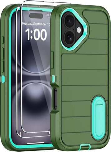 for iPhone 16 Plus Case with Screen Protector,Built-in Invisible Kickstand,Heavy Duty Shockproof Drop Protection Military Grade Tri-Layer Rugged Durable Cell Phone Cover for Apple 16 Plus Black Orange in Saudi Arabia