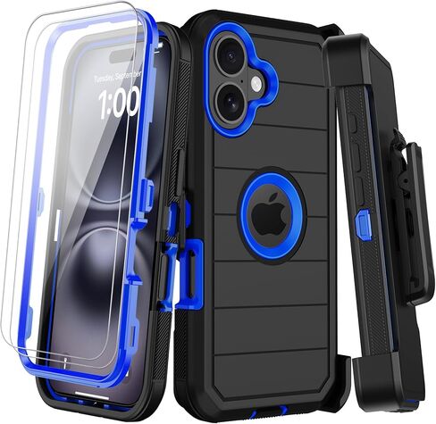 for iPhone 16 Plus Case with Screen Protector,Built-in Invisible Kickstand,Heavy Duty Shockproof Drop Protection Military Grade Tri-Layer Rugged Durable Cell Phone Cover for Apple 16 Plus Black Orange in Saudi Arabia