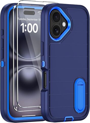 for iPhone 16 Plus Case with Screen Protector,Built-in Invisible Kickstand,Heavy Duty Shockproof Drop Protection Military Grade Tri-Layer Rugged Durable Cell Phone Cover for Apple 16 Plus Black Orange in Saudi Arabia