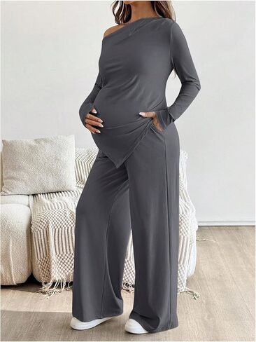 ملابس حمل نسائية من MakeMeChic مكونة من قطعتين ملابس ربيعية بلوزات وسراويل غير متماثلة مجموعات مطابقة للحمل رمادي صغير in Kuwait