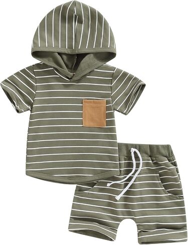 Toddler Baby Boy Summer Clothes Outfits Stripes Short Sleeve Hooded T-shirt and Shorts Set in Saudi Arabia