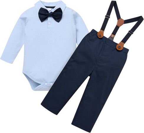 IDOPIP Baptism Christening Outfit for Boy Baby Clothes Suit Infant Gentleman Wedding Outfit Bowtie Romper Suspender Pants Set in Saudi Arabia
