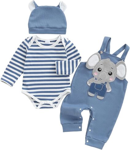 Newborn Baby Boy Fall Winter Clothes Striped Long Sleeve Romper Overall Pants Hat 3Pcs Set Cute Coming Home Outfit in Saudi Arabia