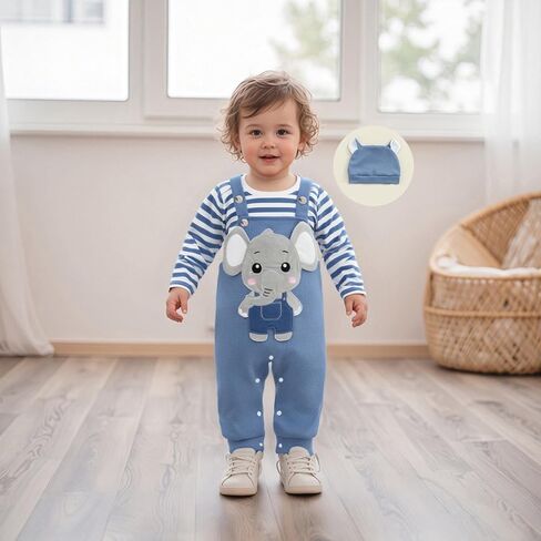 Newborn Baby Boy Fall Winter Clothes Striped Long Sleeve Romper Overall Pants Hat 3Pcs Set Cute Coming Home Outfit in Saudi Arabia