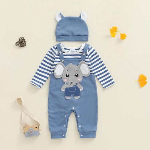 Newborn Baby Boy Fall Winter Clothes Striped Long Sleeve Romper Overall Pants Hat 3Pcs Set Cute Coming Home Outfit in Saudi Arabia