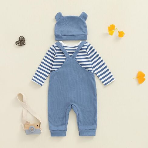 Newborn Baby Boy Fall Winter Clothes Striped Long Sleeve Romper Overall Pants Hat 3Pcs Set Cute Coming Home Outfit in Saudi Arabia