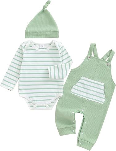 Newborn Baby Boy Fall Winter Clothes Striped Long Sleeve Romper Overall Pants Hat 3Pcs Set Cute Coming Home Outfit in Saudi Arabia