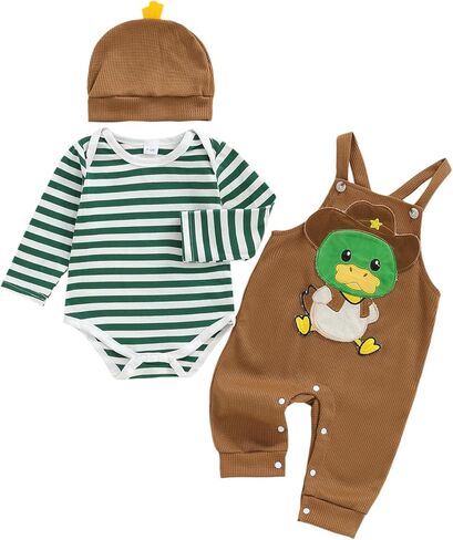 Newborn Baby Boy Fall Winter Clothes Striped Long Sleeve Romper Overall Pants Hat 3Pcs Set Cute Coming Home Outfit in Saudi Arabia