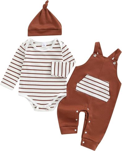Newborn Baby Boy Fall Winter Clothes Striped Long Sleeve Romper Overall Pants Hat 3Pcs Set Cute Coming Home Outfit in Saudi Arabia