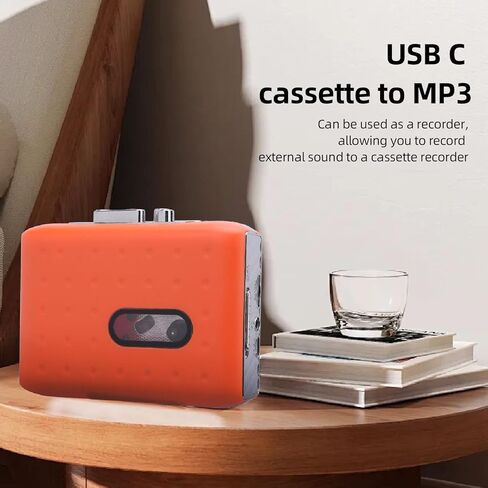 مسجل شريط كاسيت، مشغل شريط كاسيت محمول، كاسيت USB C إلى محول MP3، ميكروفون مدمج ومقبس سماعة الرأس، تسجيل عكسي على الشريط، برتقالي in Kuwait