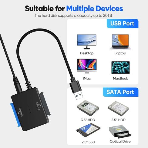SATA to USB Adapter with Power Supply, Hard Drive Reader HDD Duplicator 5Gbps Data Transfer Recovery Converter for Seagate WD Hitachi Toshiba Internal 2.5'' SSD 3.5'' HDD, Up to 20TB, Support UASP in Kuwait