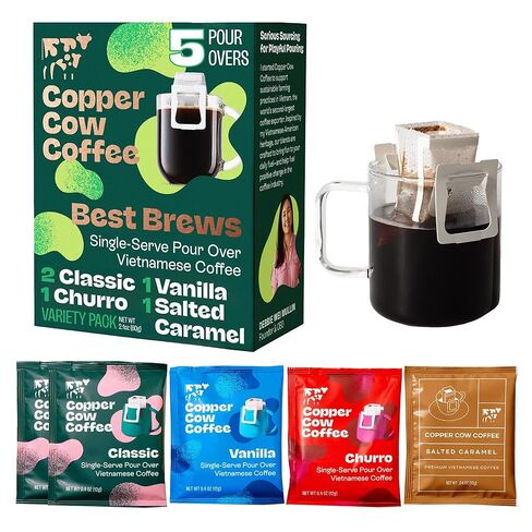 Copper Cow Coffee with Glass Mug & 5 Premium Vietnamese Pour Over Ground Coffees (Classic, Vanilla, Churro, Salted Caramel) in Saudi Arabia