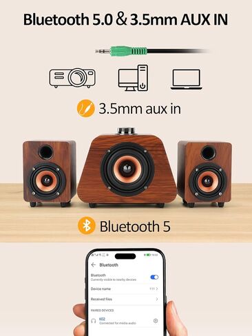 مكبرات صوت الكمبيوتر، مكبر صوت صغير للكمبيوتر الشخصي مع مضخم صوت، مكبرات صوت مكتبية تعمل بالطاقة USB 2.1، بلوتوث 5.0 ومكبرات صوت إدخال RCA لأجهزة الكمبيوتر المكتبية وأجهزة الكمبيوتر المحمولة والفونوغراف والهواتف والأجهزة اللوحية (K02) in Kuwait