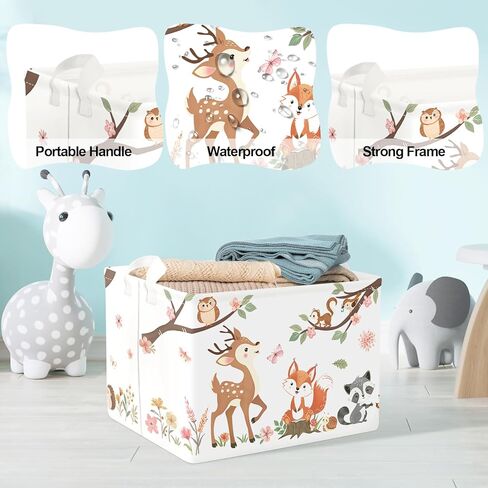 Clastyle Forest Animal Baby Storage Basket Leaf Kid Laundry Hamper Boy Girl Gift Toy Box Collapsible Clothes Organizer Nursery Bin for Bedroom, Pink Deer, 40x30x30 cm in Saudi Arabia