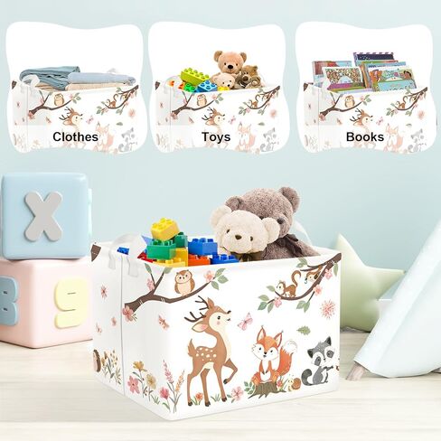 سلة تخزين الأطفال من Clastyle Forest Animal سلة غسيل للأطفال على شكل أوراق الشجر هدية للأولاد والبنات صندوق ألعاب قابل للطي منظم ملابس لغرفة النوم، غزال وردي، 40 × 30 × 30 سم in Kuwait