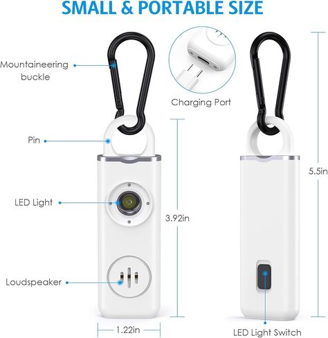 AMIR Personal Safety Alarm, Personal Alarm for Women, 130 dB Super Loud, Strobe Light and Carabiner, Safety Keychain for Women Children Men Seniors Emergency Call, White in Kuwait