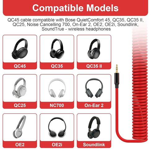 QC45 Coiled Audio Cable Compatible with Bose QuietComfort, QuietComfort Ultra, QC45, QC35, QC35 II, QC25, NC700 Headphones 2.5mm to 3.5mm Aux Cord with 6.35mm Adapter, 4ft-16ft (Red) in Kuwait