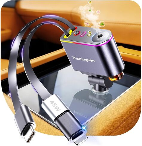 ترقية 2026 شاحن سيارة قابل للسحب 5 في 1 USB C - شاحن هاتف سيارة قابل للسحب سريع الشحن مع موزع معطر هواء للسيارة - محول ولاعة سجائر بقدرة 66 وات USB-C/Type-C لهاتف iPhone17/16/15/14 in Kuwait